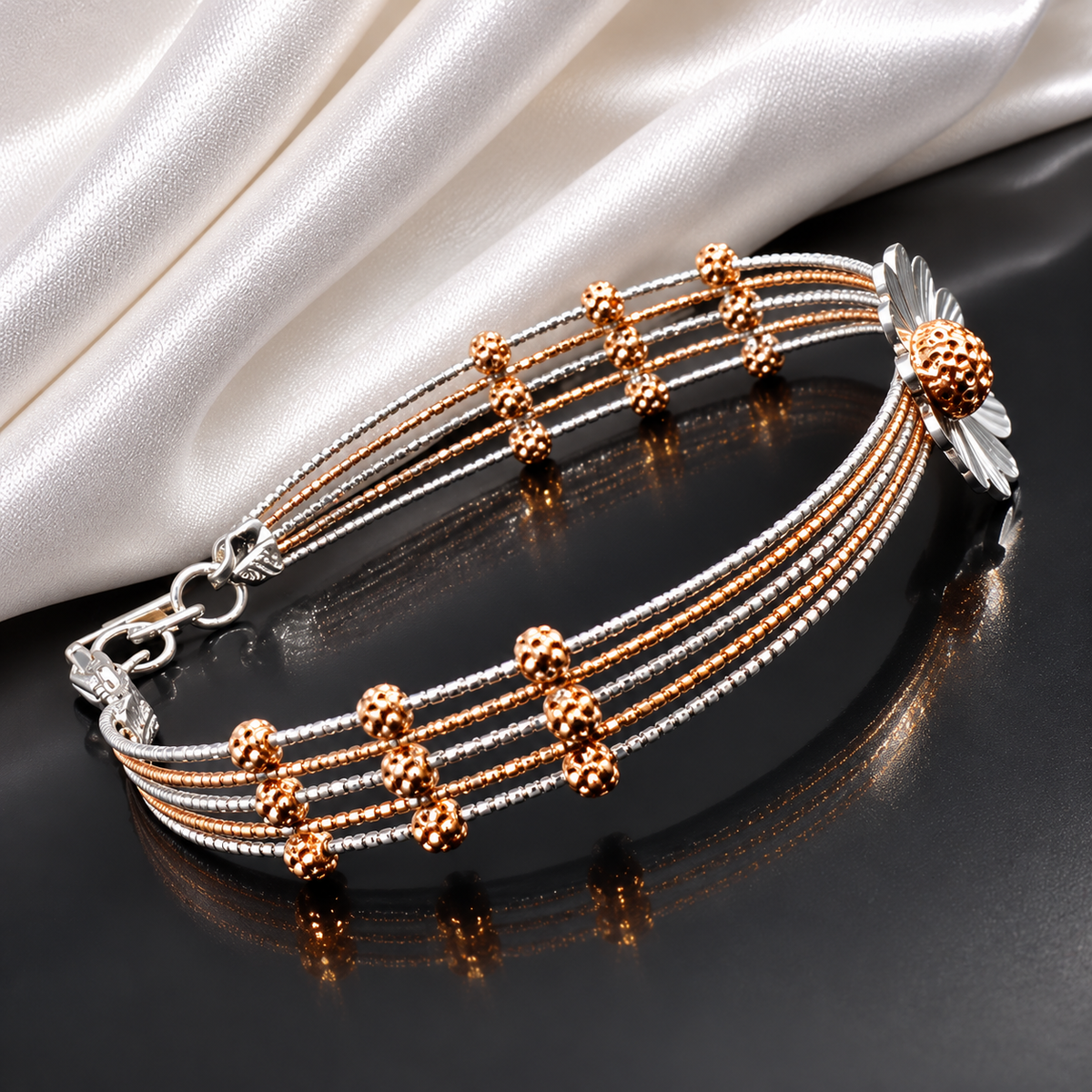 925 Sterling Silver Flower Kada Style Bracelet for Women | Two-Tone Floral Designer Bangle – Laxmi Jewellers 925