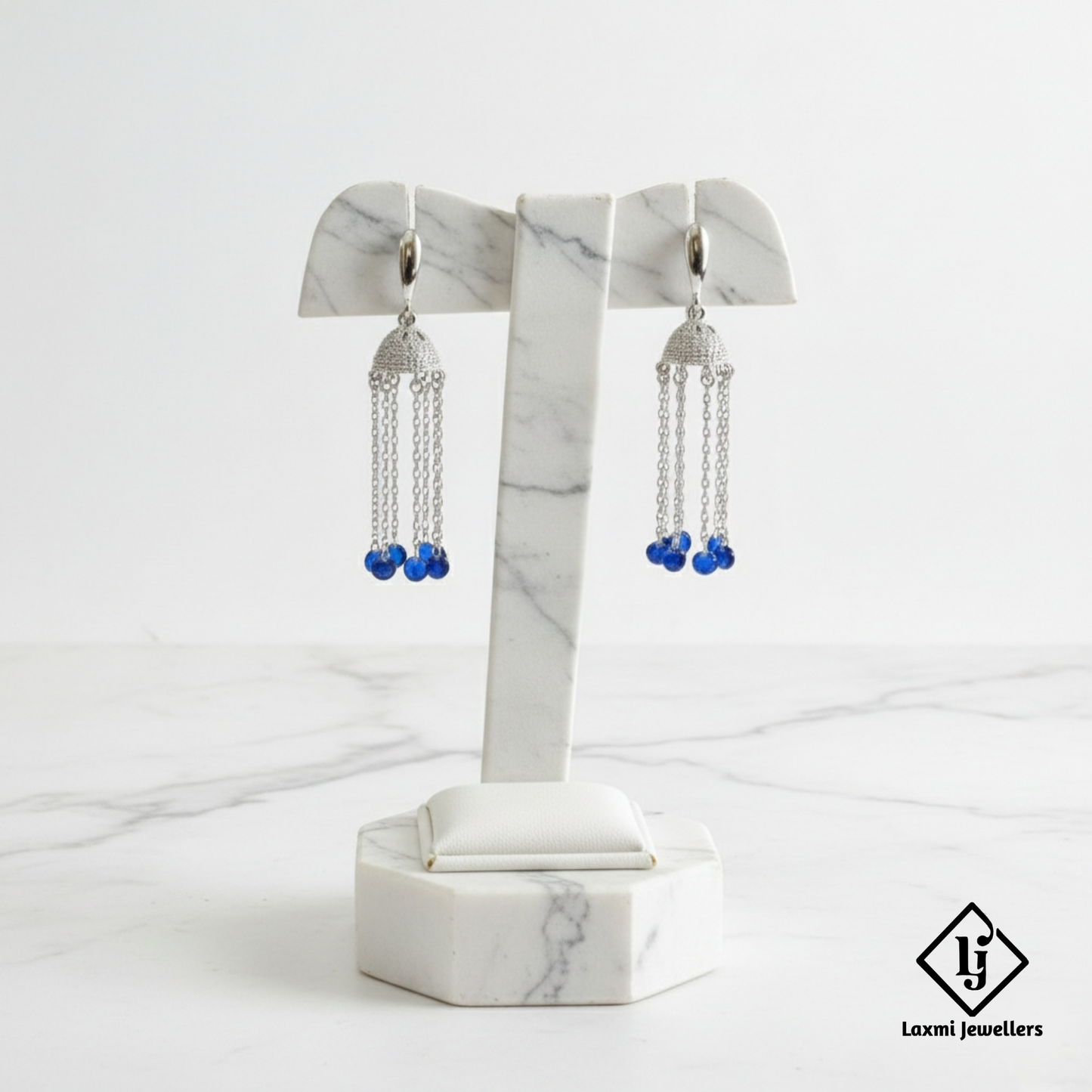 925 Sterling Silver Chain Jhumka Earrings with Blue Beads | Designer Party Wear Earrings for Women