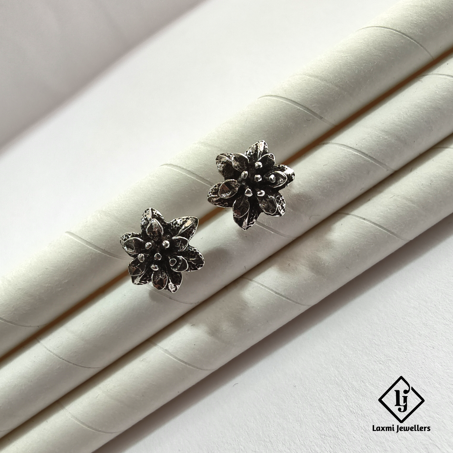 925 Sterling Silver Oxidised Flower Stud Earrings for Women | Laxmi Jewellers