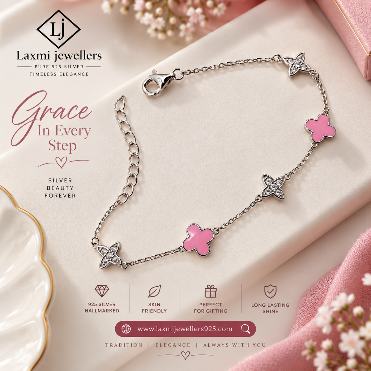 925 Sterling Silver Pink Clover & Sparkling Flower Bracelet for Women | Ladies Bracelet – Laxmi Jewellers