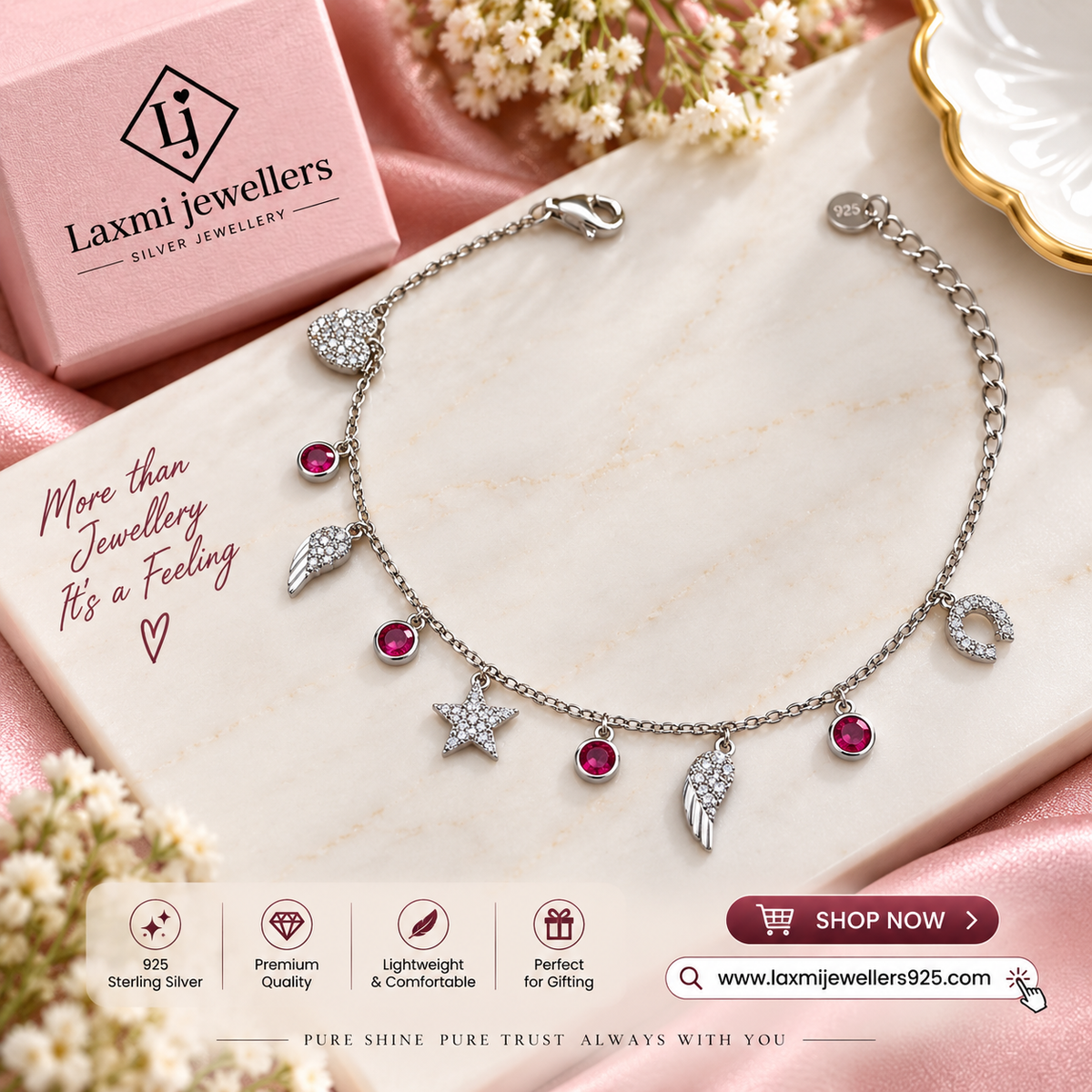 925 Sterling Silver Charm Bracelet for Women | Stylish Ladies Silver Bracelet with Heart, Star & Angel Charms
