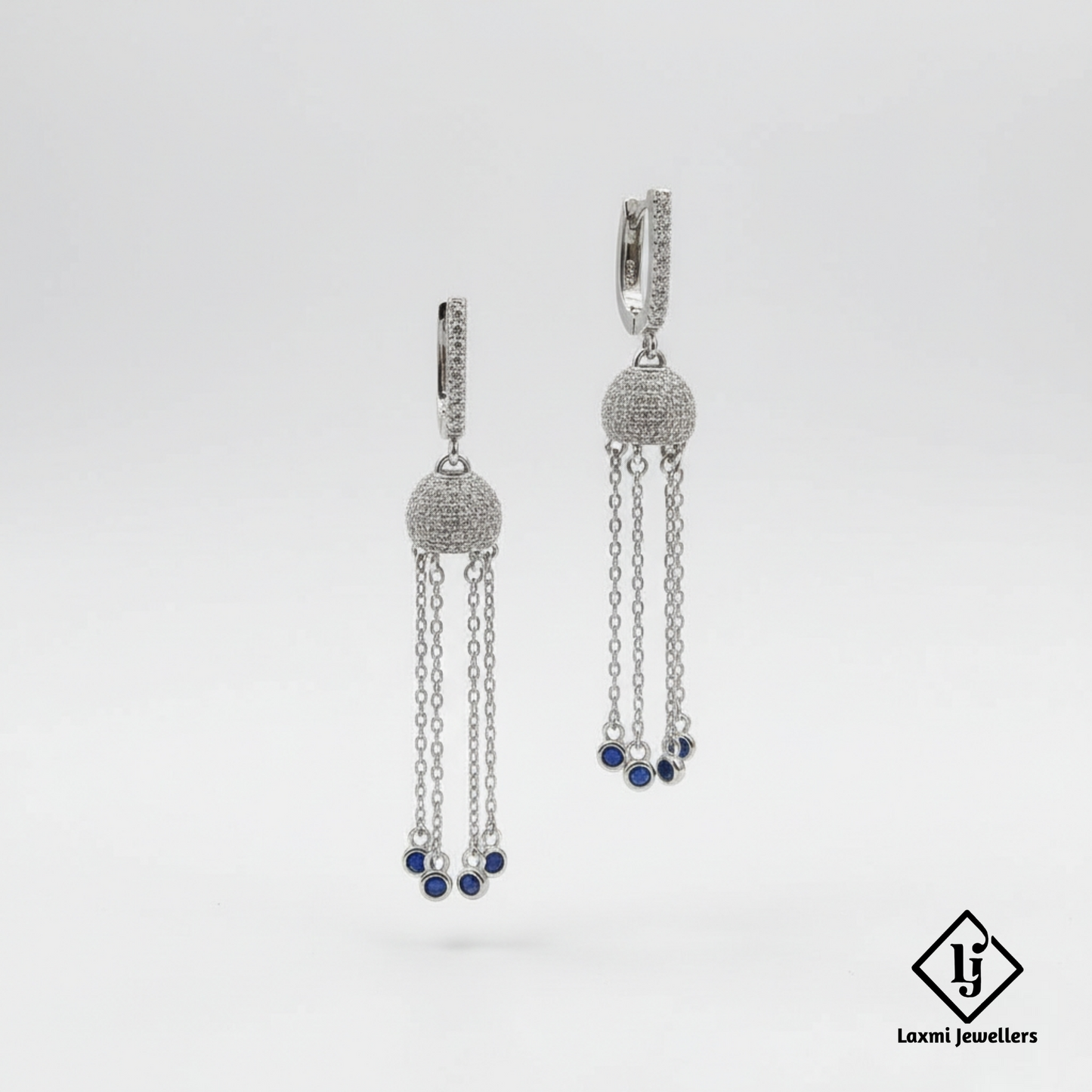 925 Sterling Silver Bali Style Chain Drop Earrings with Blue Stones | Designer Silver Earrings for Women