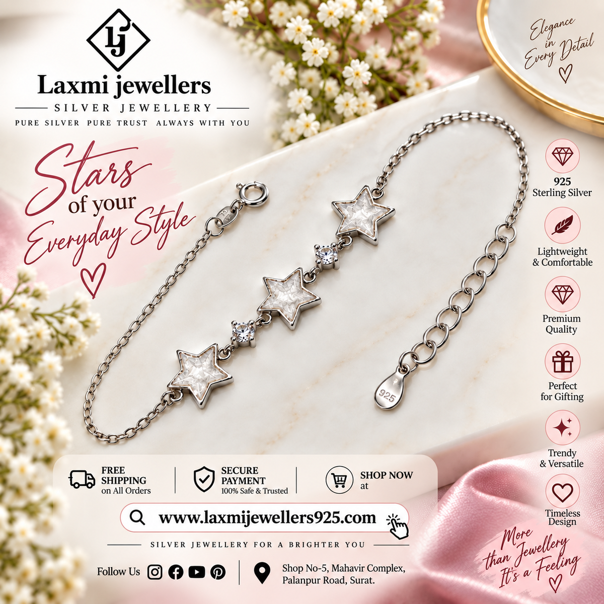 925 Silver Star Bracelet for Women | Stylish Ladies Sterling Silver Bracelet