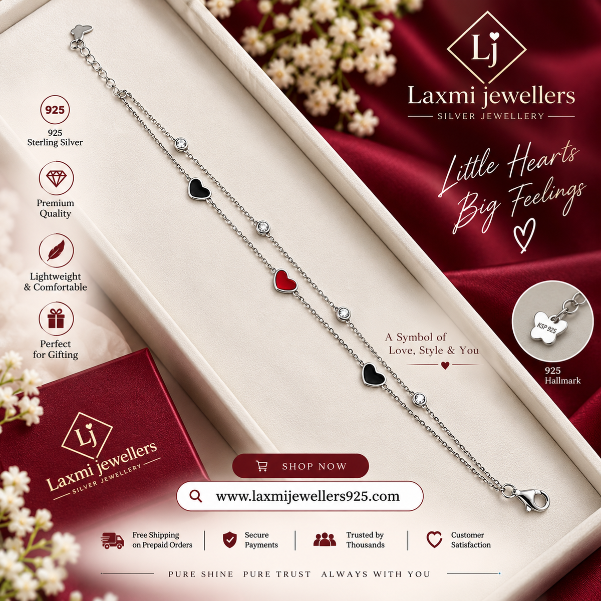 925 Sterling Silver Heart Bracelet for Women | Black & Red Heart Charm Bracelet – Laxmi Jewellers