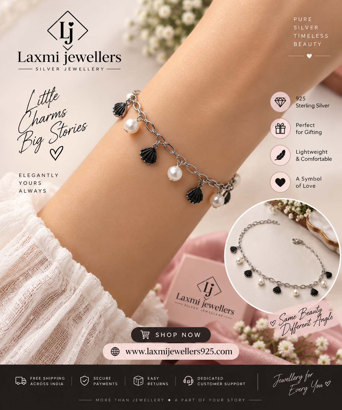 925 Sterling Silver Pearl Bracelet for Women | Black Charm & Pearl Bracelet – Laxmi Jewellers