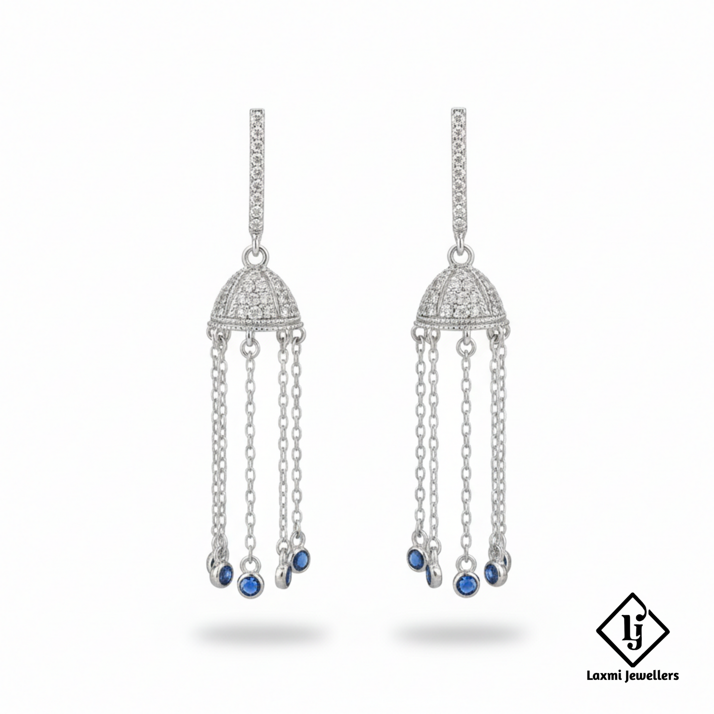 925 Sterling Silver Bali Style Jhumka Earrings with Blue Stones | Chain Drop Designer Earrings