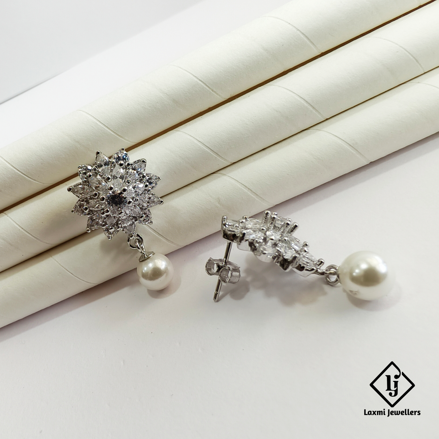 Designer Floral Crystal Pearl Drop Silver Earrings for Women | Party & Wedding Wear