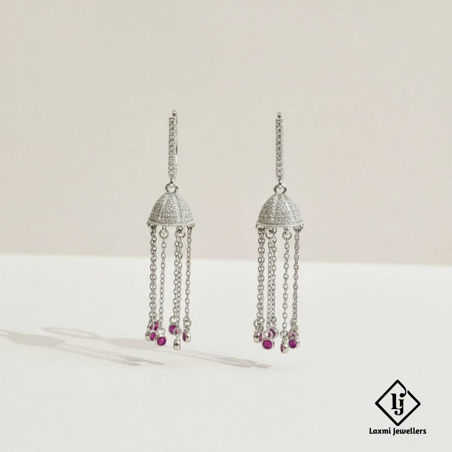 925 Sterling Silver Bali Style Tassel Earrings with Pink Stone | Designer Silver Earrings