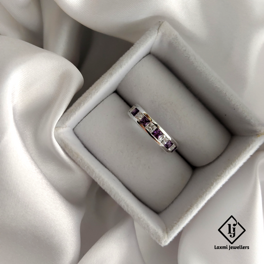 925 Silver Band Ring with Princess-Cut Purple & White CZ Stones – Unisex Elegant Design