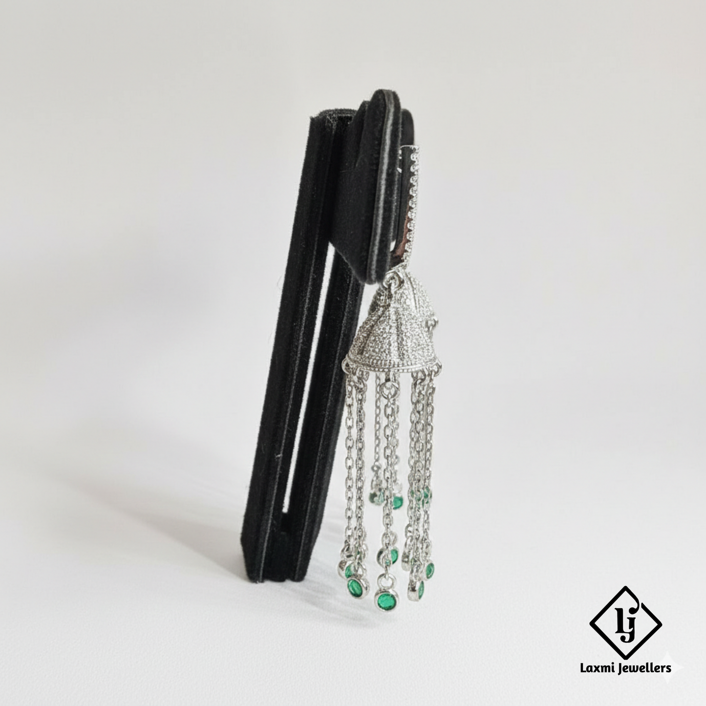 925 Sterling Silver Bali Style Jhumka Earrings with Green Stones | Designer Chain Drop Earrings