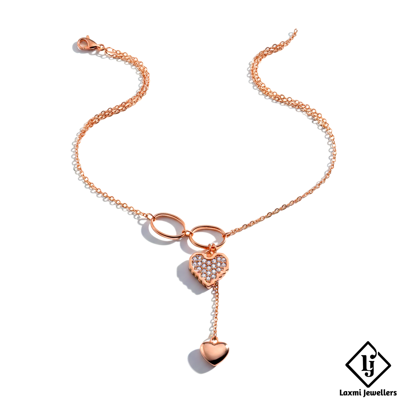 925 Sterling Silver Rose Gold Double Heart Diamond Pendant Necklace for Women | Designer Love Chain