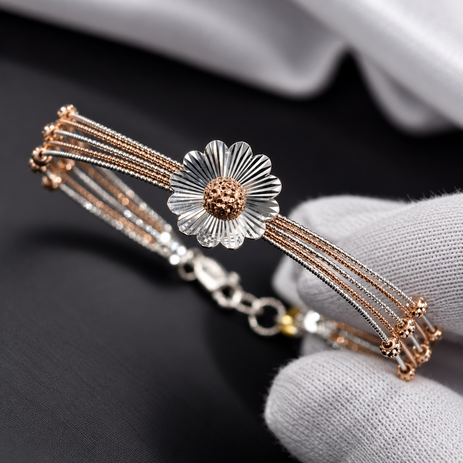 925 Sterling Silver Flower Kada Style Bracelet for Women | Two-Tone Floral Designer Bangle – Laxmi Jewellers 925