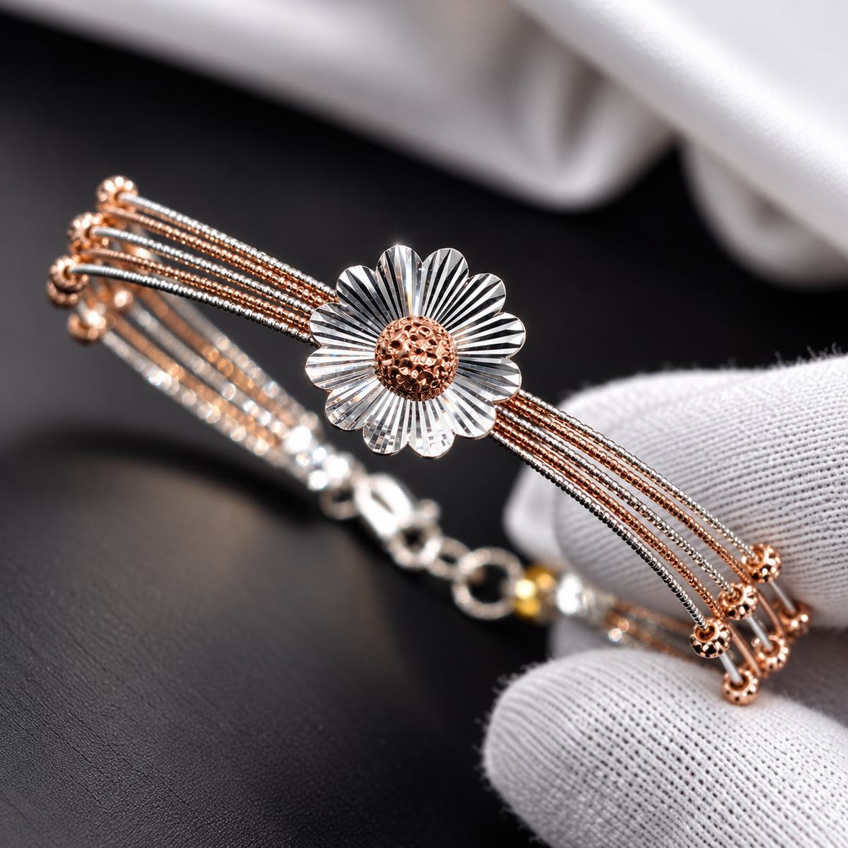 925 Sterling Silver Flower Kada Style Bracelet for Women | Two-Tone Floral Designer Bangle – Laxmi Jewellers 925