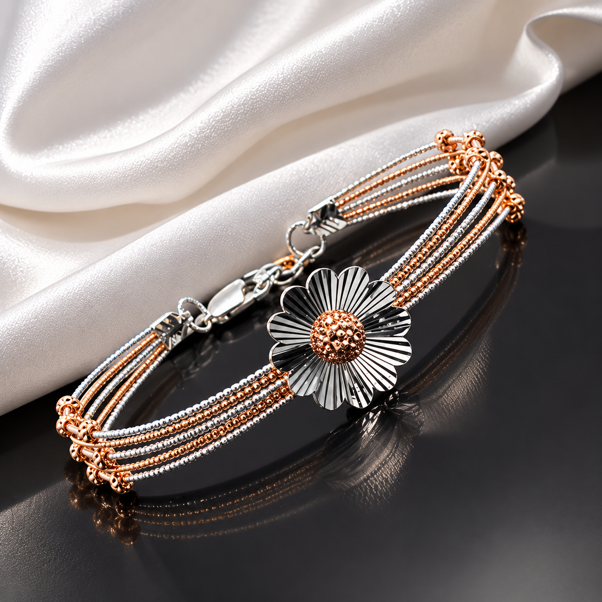 925 Sterling Silver Flower Kada Style Bracelet for Women | Two-Tone Floral Designer Bangle – Laxmi Jewellers 925