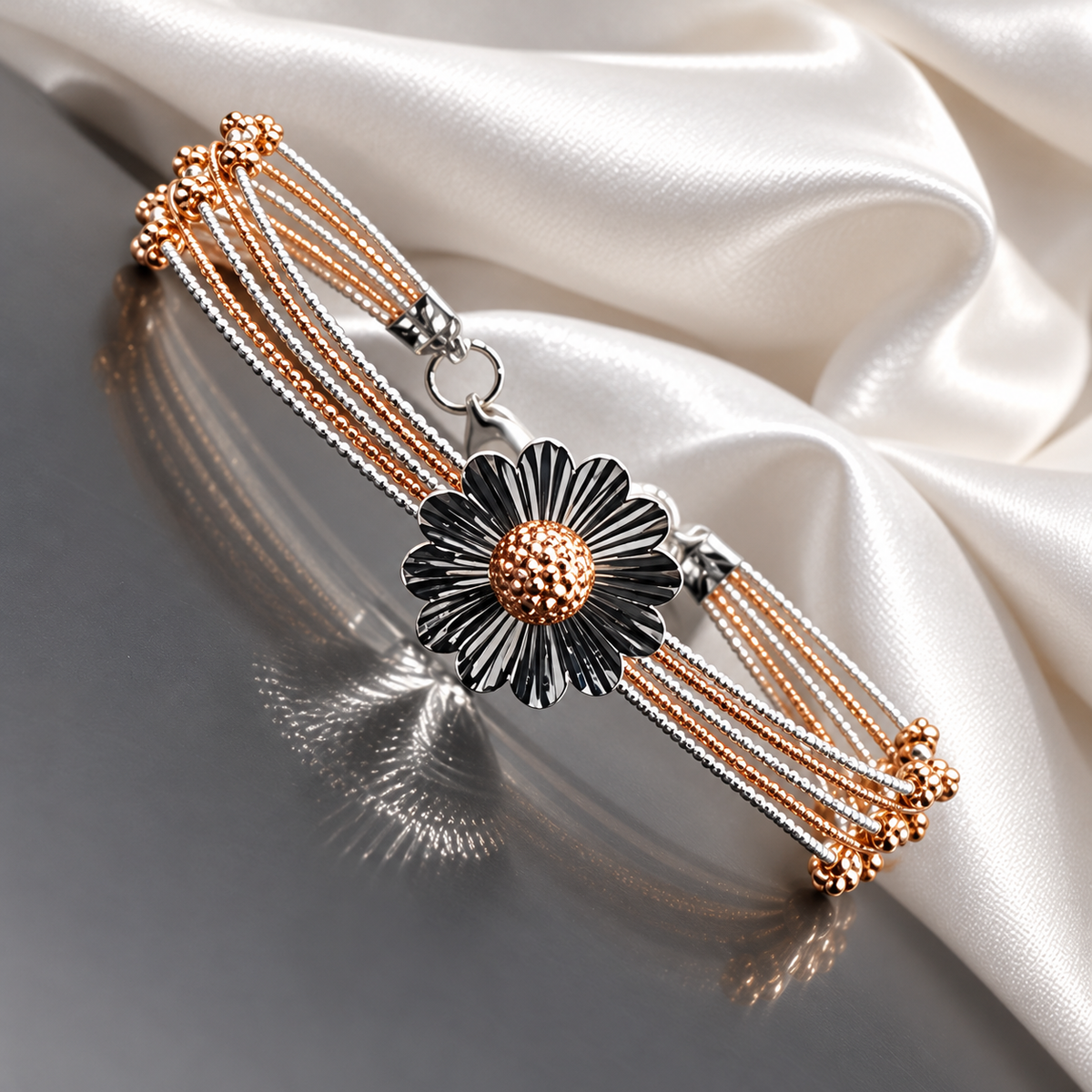 925 Sterling Silver Flower Kada Style Bracelet for Women | Two-Tone Floral Designer Bangle – Laxmi Jewellers 925