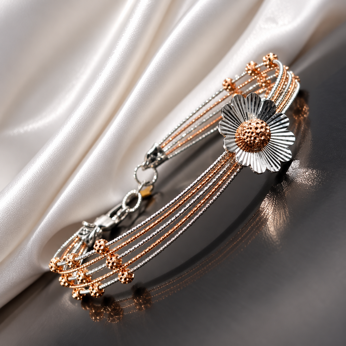 925 Sterling Silver Flower Kada Style Bracelet for Women | Two-Tone Floral Designer Bangle – Laxmi Jewellers 925