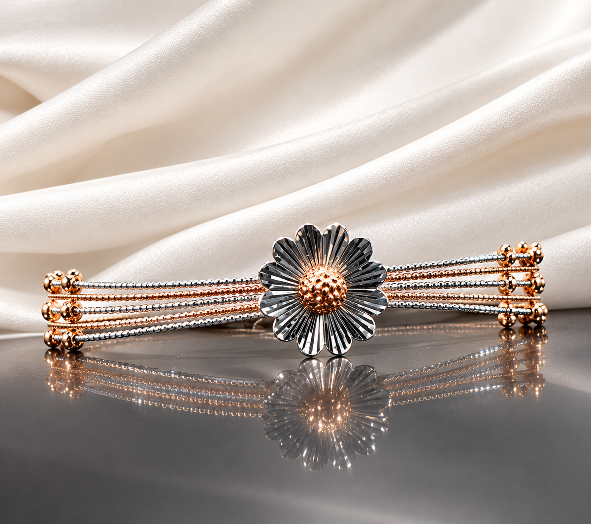 925 Sterling Silver Flower Kada Style Bracelet for Women | Two-Tone Floral Designer Bangle – Laxmi Jewellers 925
