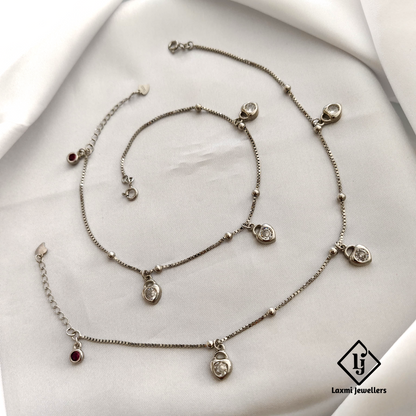 925 Sterling Silver Anklet Set with Heart & Crystal Charms for Women