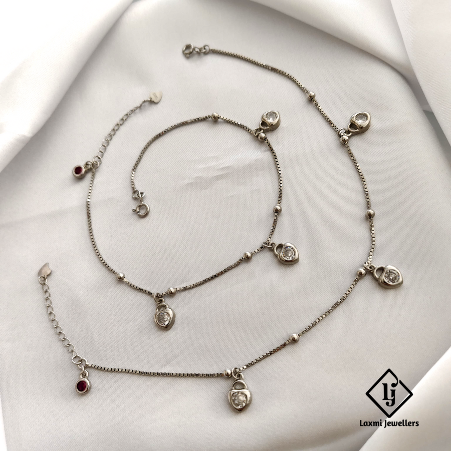 925 Sterling Silver Anklet Set with Heart & Crystal Charms for Women