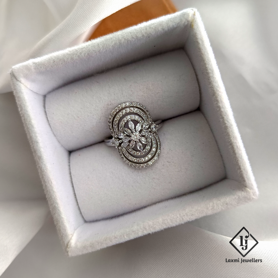 Elegant Double Halo Floral Cocktail Ring for Women – Cubic Zirconia, Adjustable, Party Wear | Laxmi Jewellers