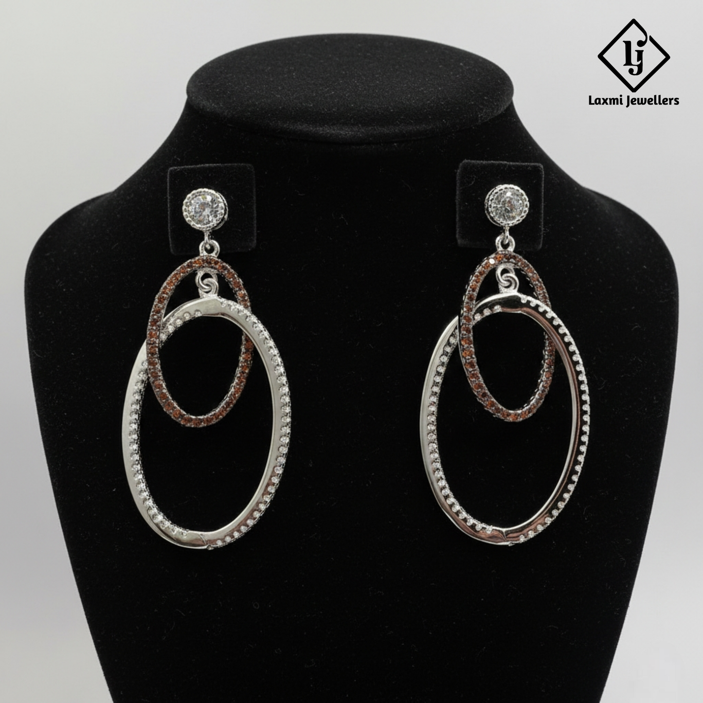 925 Silver Dual Oval Hoop Dangler Earrings for Women | Designer CZ Party Wear Earrings