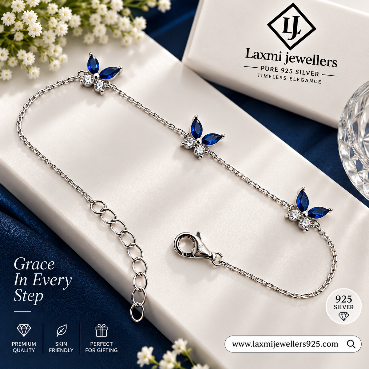 925 Sterling Silver Blue Butterfly Bracelet for Women | Elegant Blue Stone Bracelet – Laxmi Jewellers