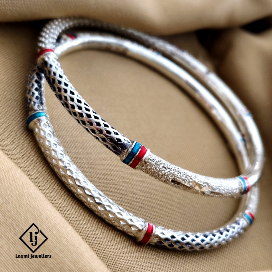 925 Sterling Silver Textured Bangles with Red and Blue Enamel Accents