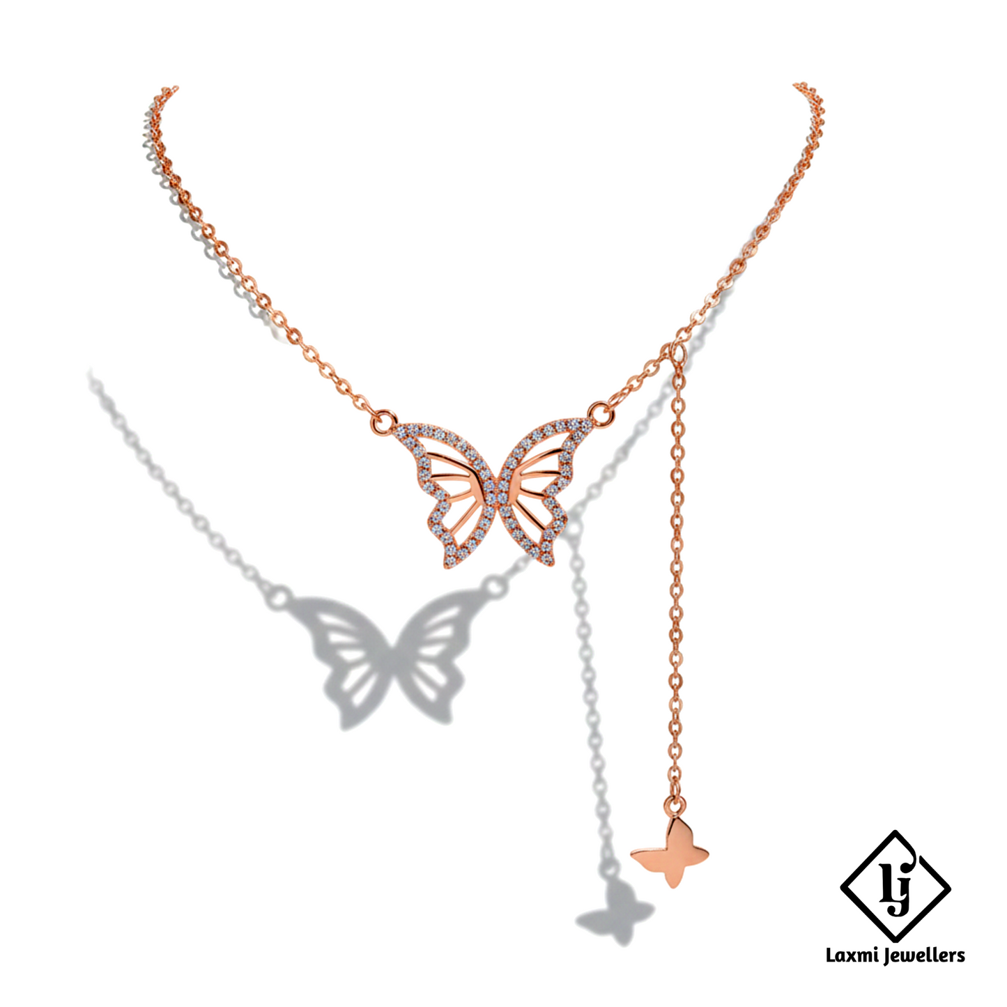 Rose Gold Crystal Butterfly Pendant Necklace for Women | Designer Butterfly Chain