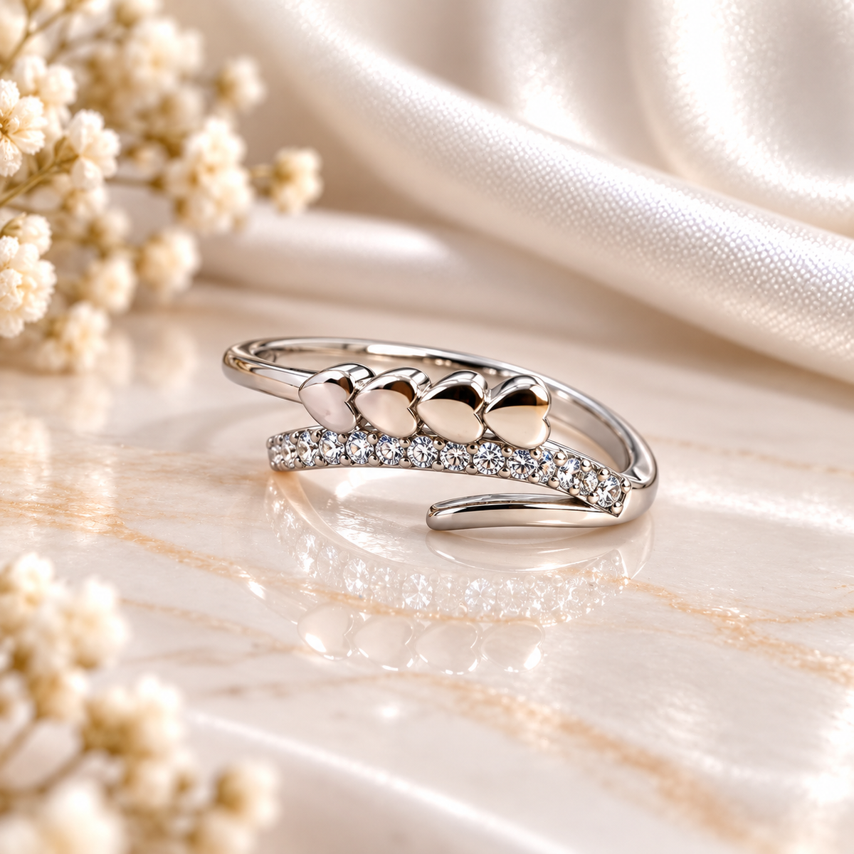 Triple Heart Design Ladies Silver Ring with Sparkling Stones | Laxmi Jewellers