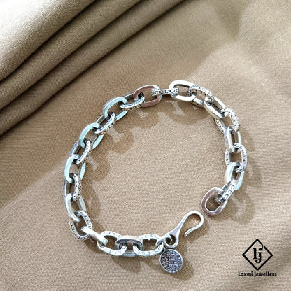 925 Sterling Silver Engraved Link Chain Bracelet with Hook Clasp – Unisex Handmade Design