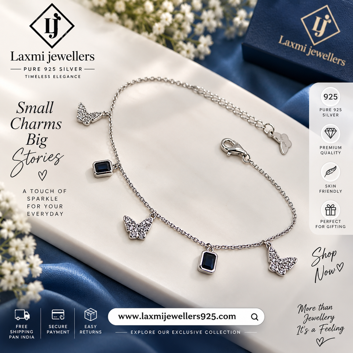 925 Sterling Silver Butterfly Bracelet for Women | Blue Stone Charm Bracelet – Laxmi Jewellers