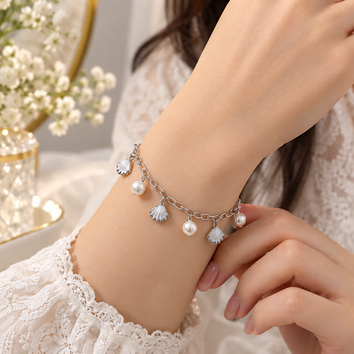 925 Sterling Silver Pearl & Shell Charm Bracelet for Women | Ladies Bracelet – Laxmi Jewellers