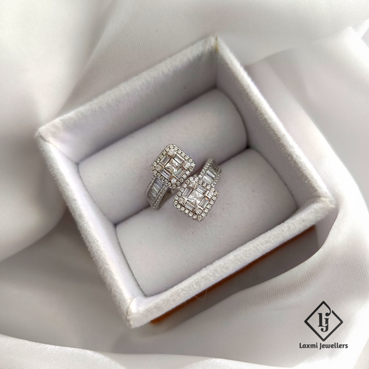 Square Double Halo CZ Open Ring for Women – Elegant Silver Adjustable Ring | Laxmi Jewellers