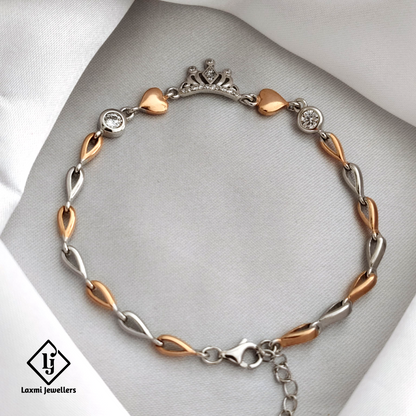 925 Sterling Silver Crown Bracelet with Rose Gold & CZ Hearts | Laxmi Jewellers