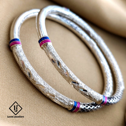 925 Silver Textured Bangles for Women with Purple & Blue Meenakari – Traditional Kada Design