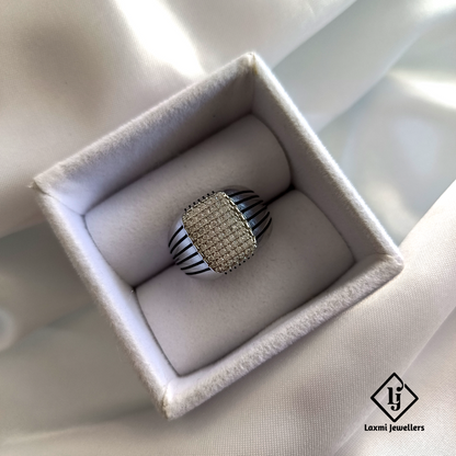 925 Sterling Silver Men's Ring with CZ Diamonds – Black Stripe Design by Laxmi Jewellers