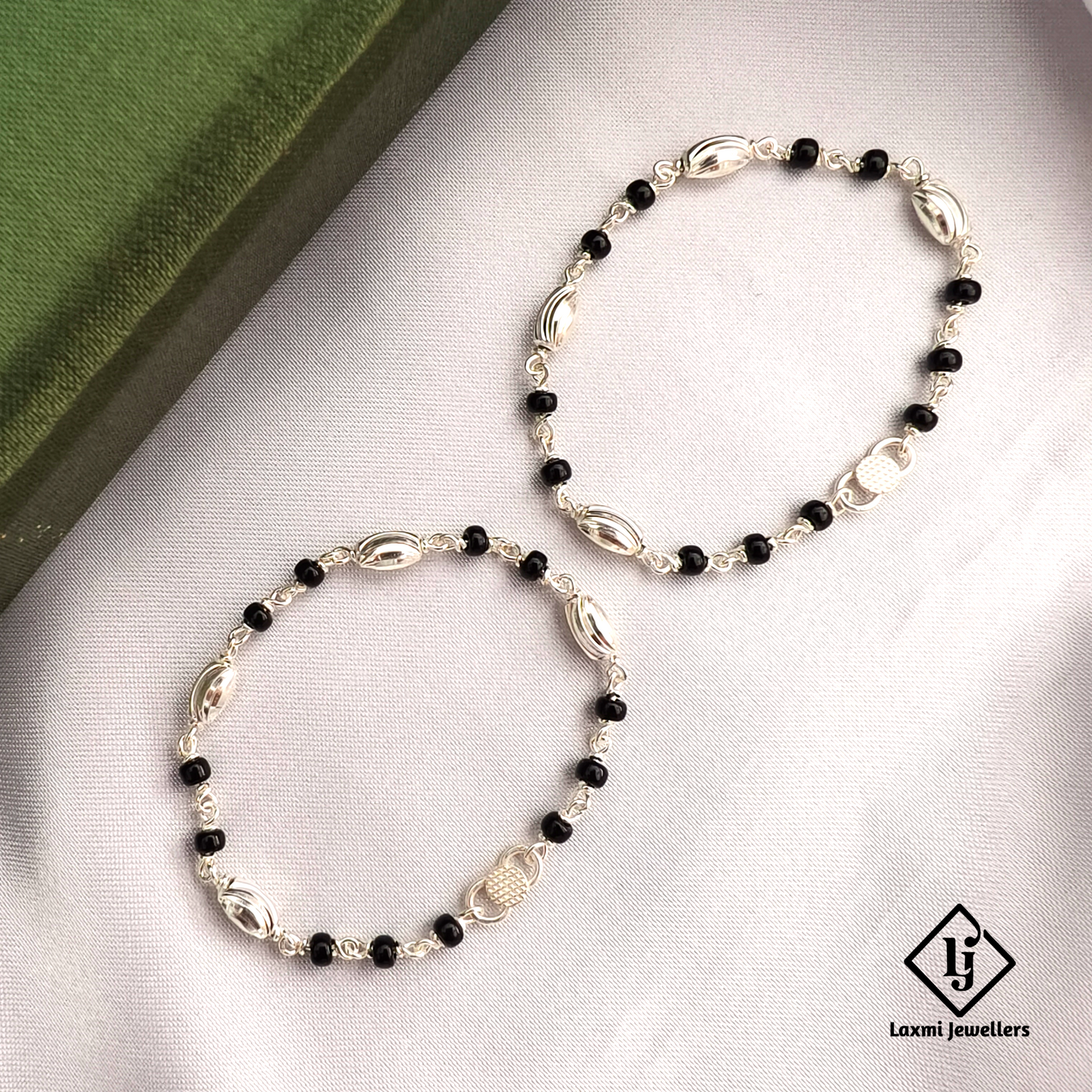 925 Sterling Silver Baby Nazariya OR Anklet Pair | Black Beads Nazar Protection for Kids