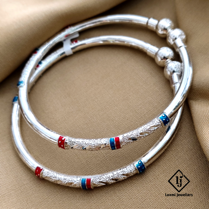 925 Silver Ladies Bangles with Red & Blue Enamel – Traditional Oxidised Kada Pair for Women