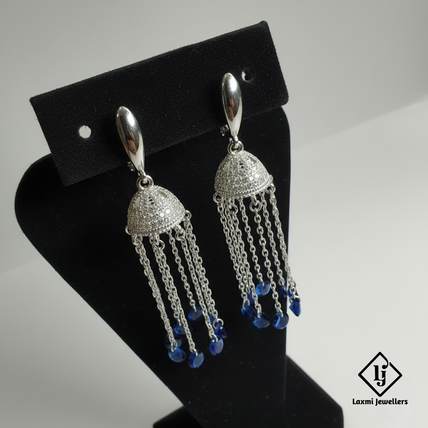 925 Sterling Silver Chain Jhumka Earrings with Blue Beads | Designer Party Wear Earrings for Women