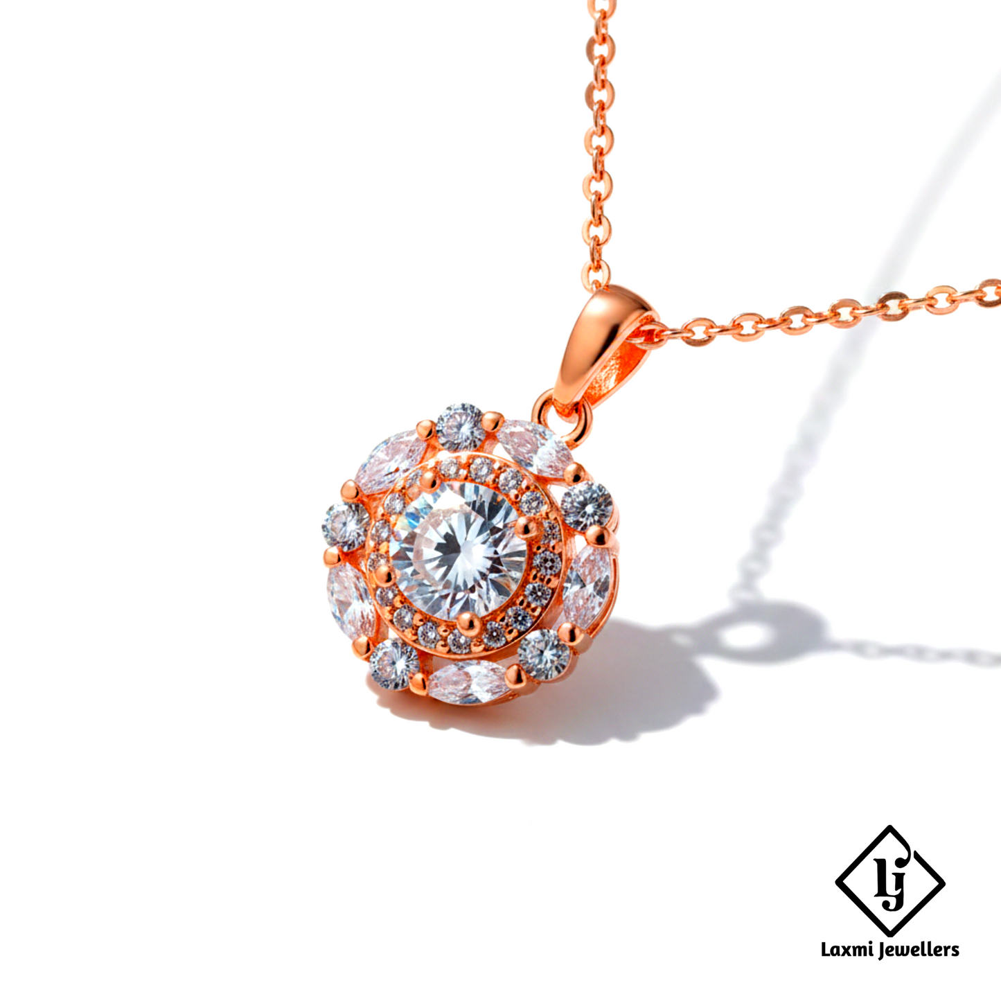 Rose Gold Round Diamond Pendant Necklace for Women | Luxury Crystal Solitaire Chain