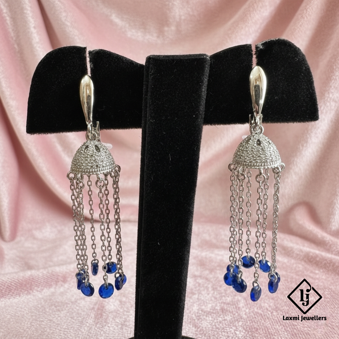 925 Sterling Silver Chain Jhumka Earrings with Blue Beads | Designer Party Wear Earrings for Women