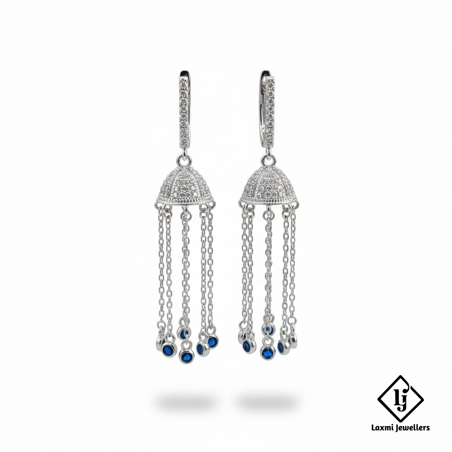 925 Sterling Silver Bali Style Jhumka Earrings with Blue Stones | Chain Drop Designer Earrings