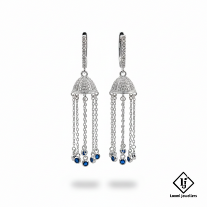 925 Sterling Silver Bali Style Jhumka Earrings with Blue Stones | Chain Drop Designer Earrings