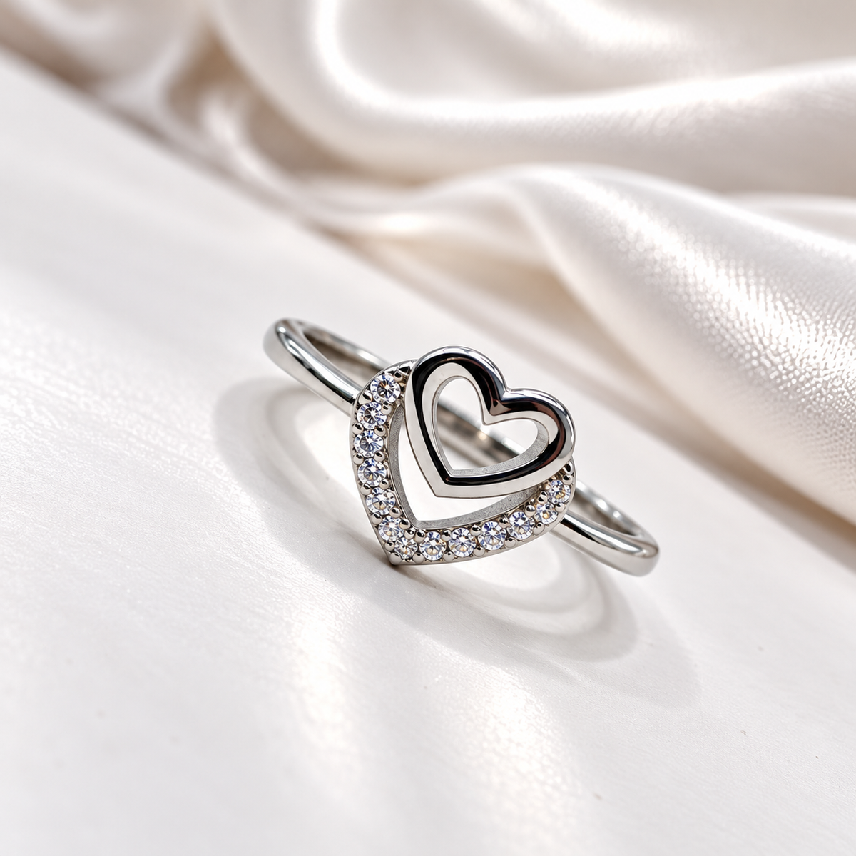 Double Heart Design Silver Ladies Ring with Sparkling Stones | Elegant Heart Ring for Women – Laxmi Jewellers
