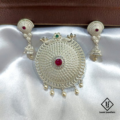 925 Silver Round Pendant Set with Ruby Center & Pearl Drops – Ethnic Designer Jewellery