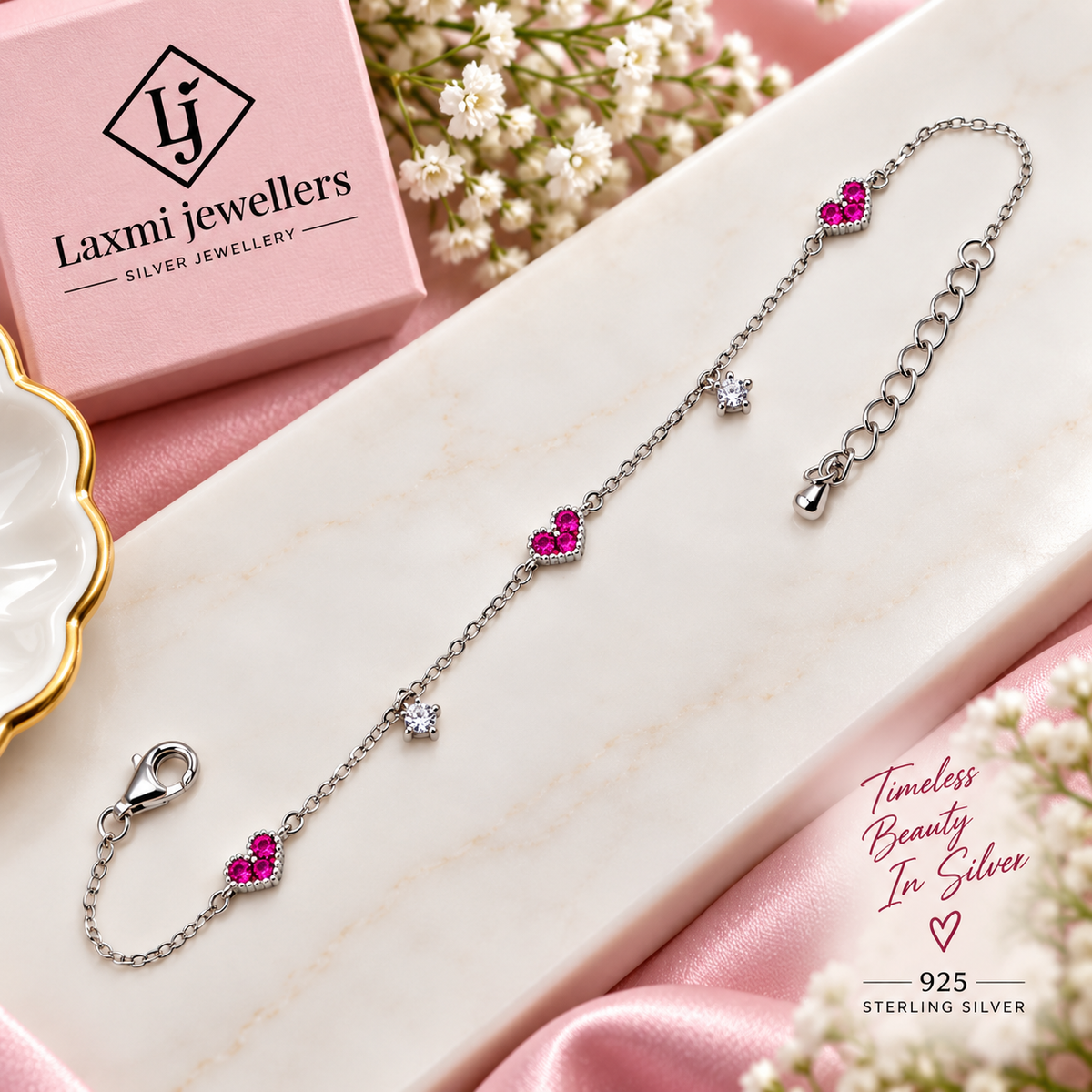 925 Sterling Silver Heart Bracelet for Women | Stylish Ladies Heart Charm Bracelet