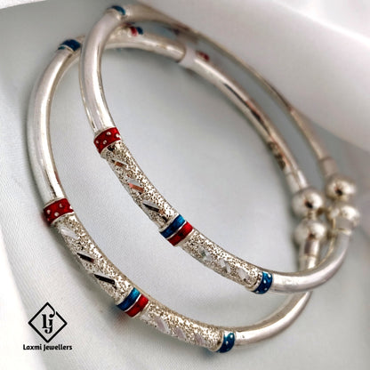 925 Silver Ladies Bangles with Red & Blue Enamel – Traditional Oxidised Kada Pair for Women