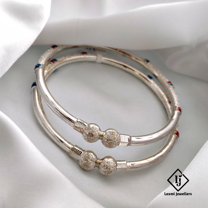 925 Silver Ladies Bangles with Red & Blue Enamel – Traditional Oxidised Kada Pair for Women