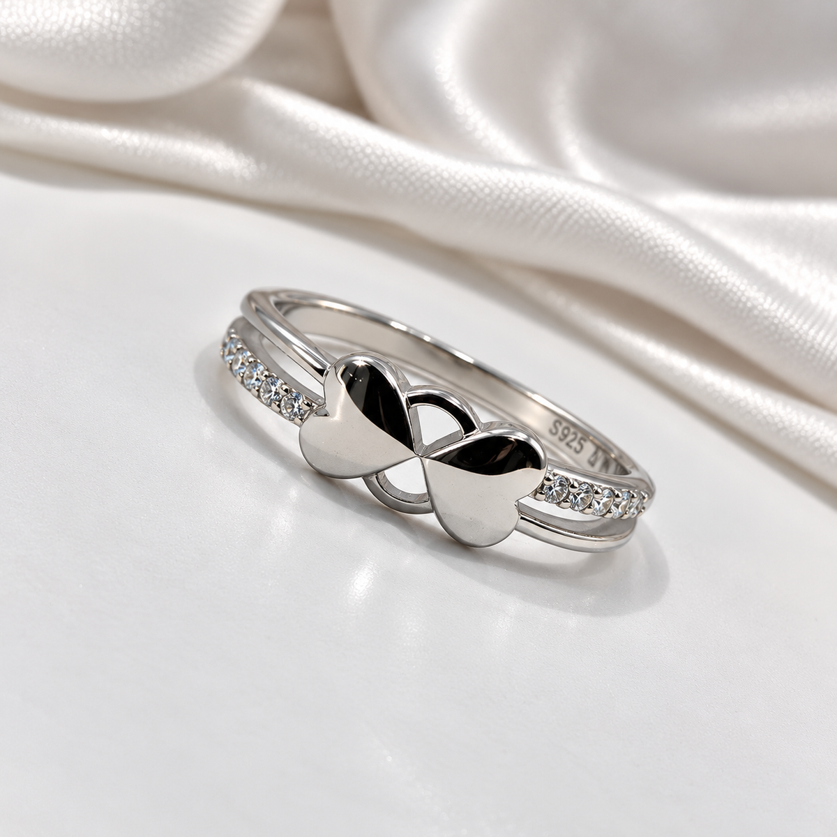 Double Heart 925 Sterling Silver Ladies Ring with Crystal Stones | Elegant Heart Design Ring for Women – Laxmi Jewellers