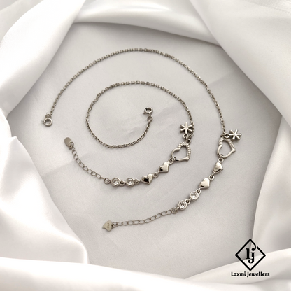 Elegant Sterling Silver Heart and Star Anklet Set - Adjustable Chain for Women